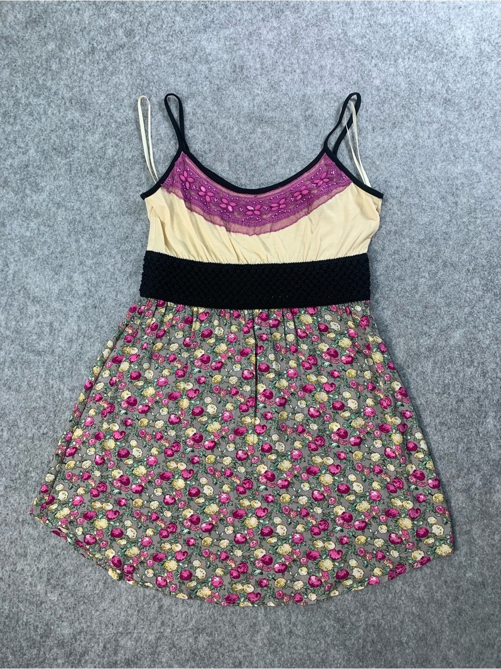 Kopa Cream and Pink Floral Mini Dress with Black Waistband